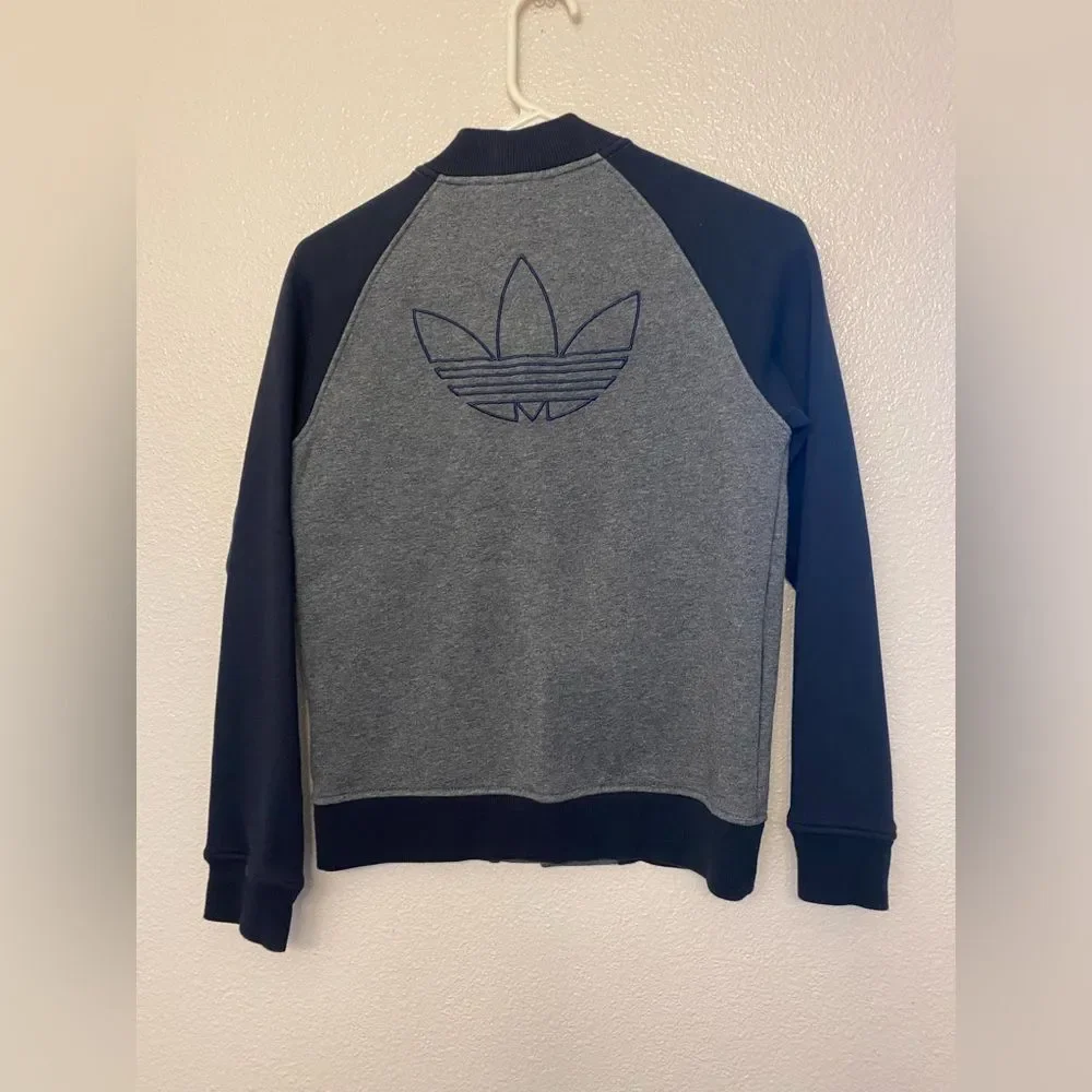 Adidas Originals varsity Letterman jacket grey black snap Trefoil logo L 13-14